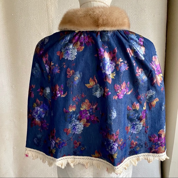 Vintage Cape OS Mink Fur Rainbow Floral Print Wrap - Picture 3 of 8